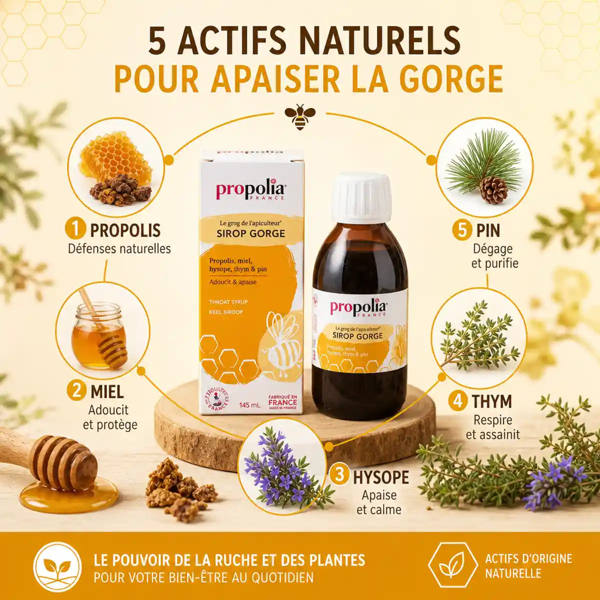 Sirop Propolia pour la gorge avec propolis, miel, citron et ses ingrédients naturels