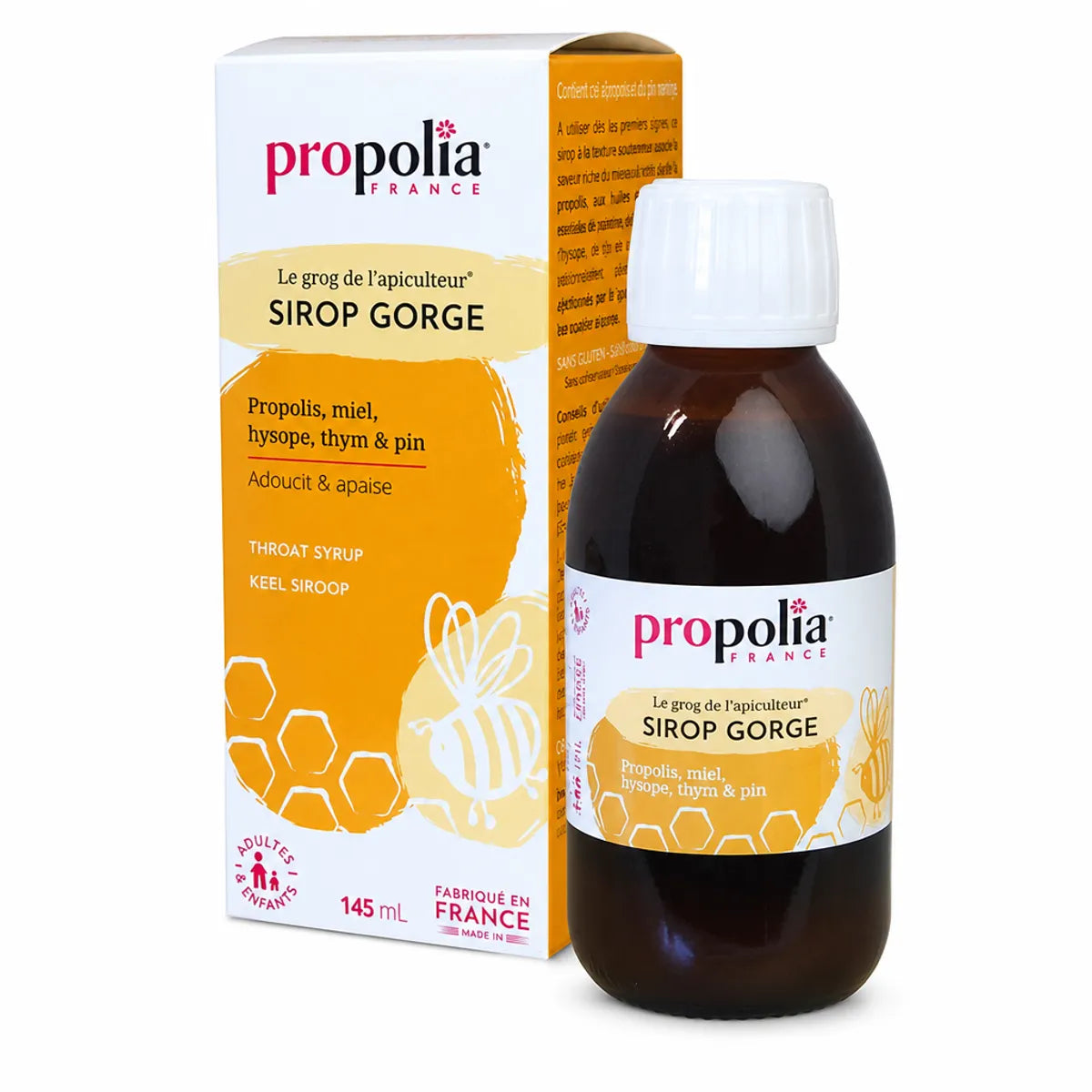 Sirop Propolia gorge Propolis Miel Citron bouteille et boîte fond blanc