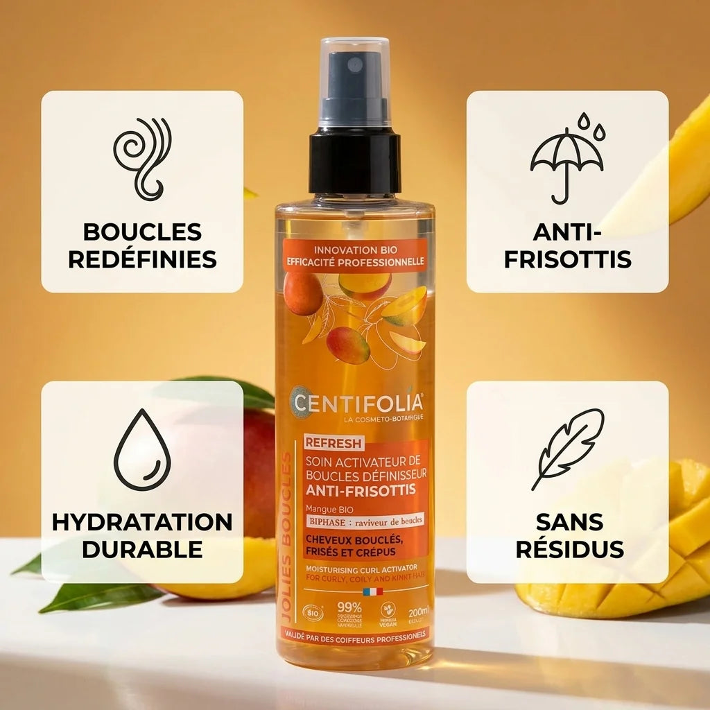Spray activateur de boucles Centifolia bio anti-frisottis avec bénéfices hydratation et définition des boucles