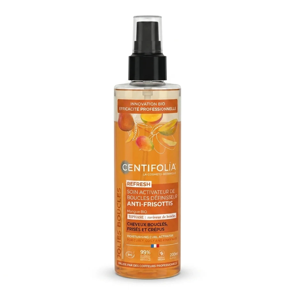 Spray activateur de boucles Centifolia bio anti-frisottis, flacon avec pompe noire et liquide ambré