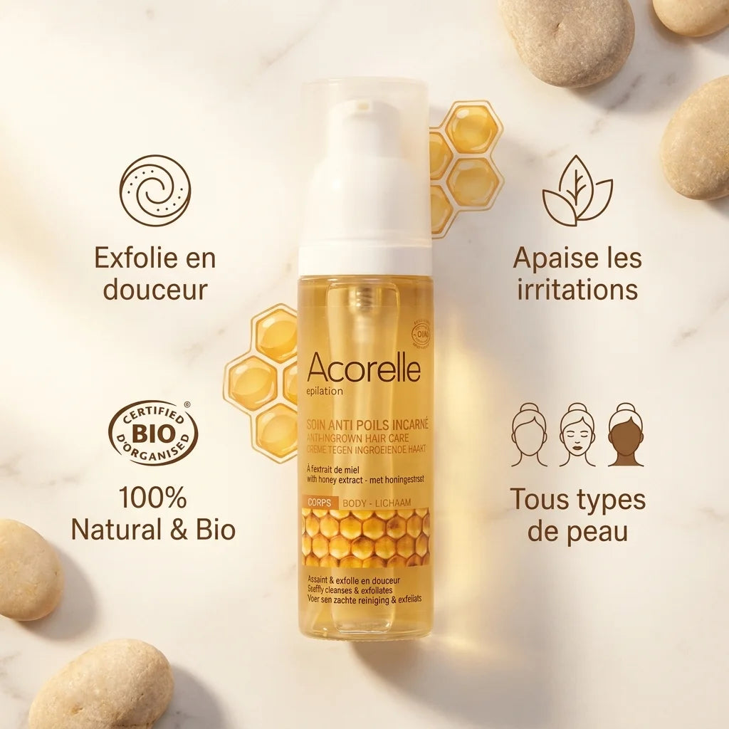 Soin anti poils incarnés bio Acorelle en flacon doré avec bénéfices exfoliant et apaisant