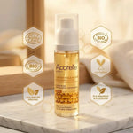 Soin anti poils incarnés Acorelle bio certifié sur surface marbre avec certifications organiques