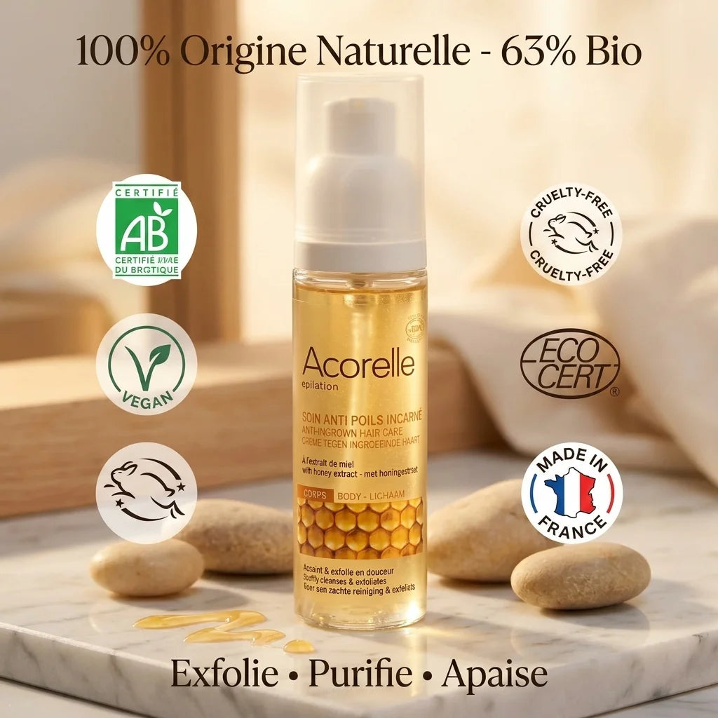 Soin anti poils incarnés Acorelle bio certifié en flacon pompe doré sur marbre blanc