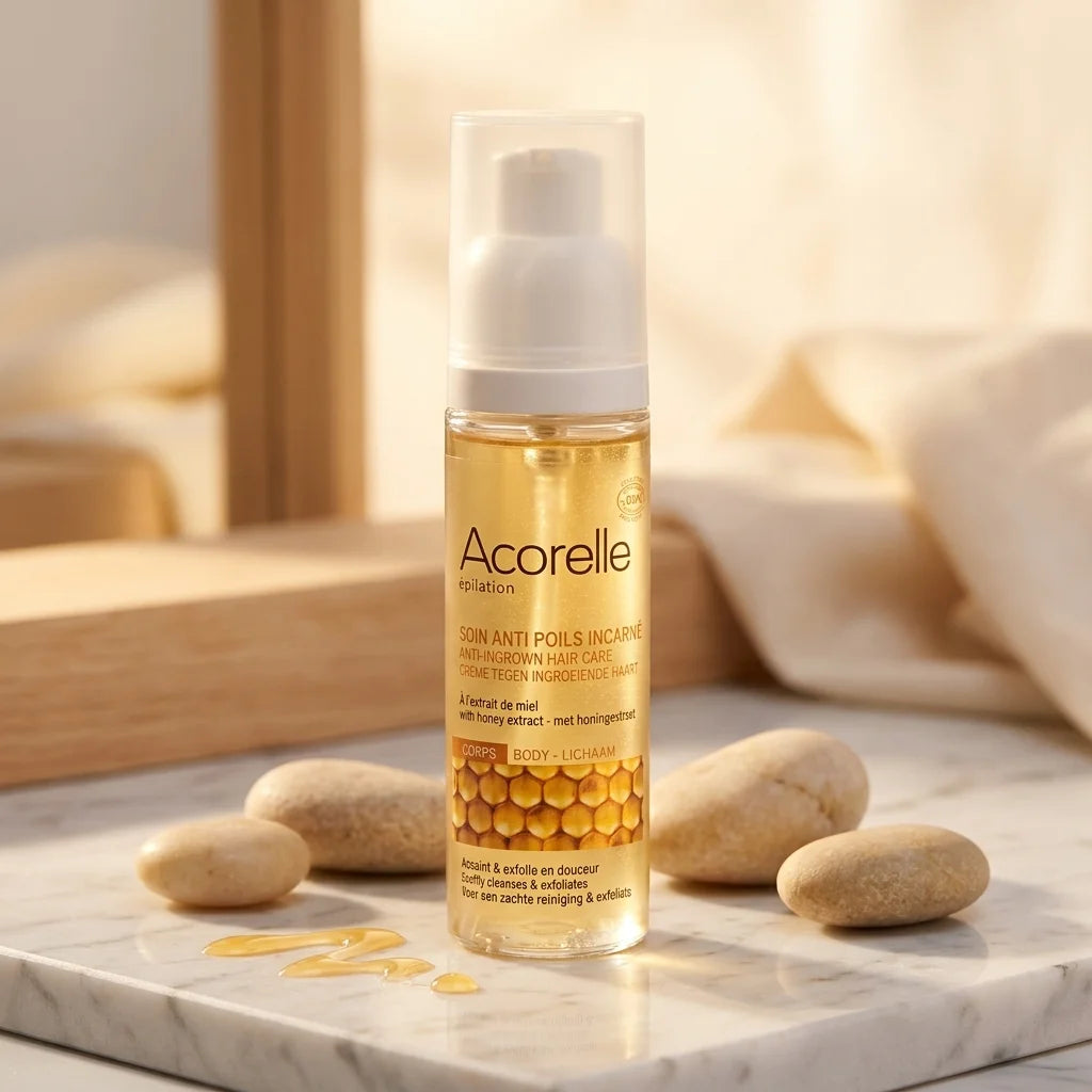 Spray anti poils incarnés bio Acorelle sur marbre blanc avec éléments naturels
