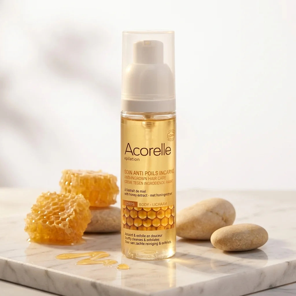 Mousse anti poils incarnés Acorelle bio avec ingrédients naturels et miel sur marbre