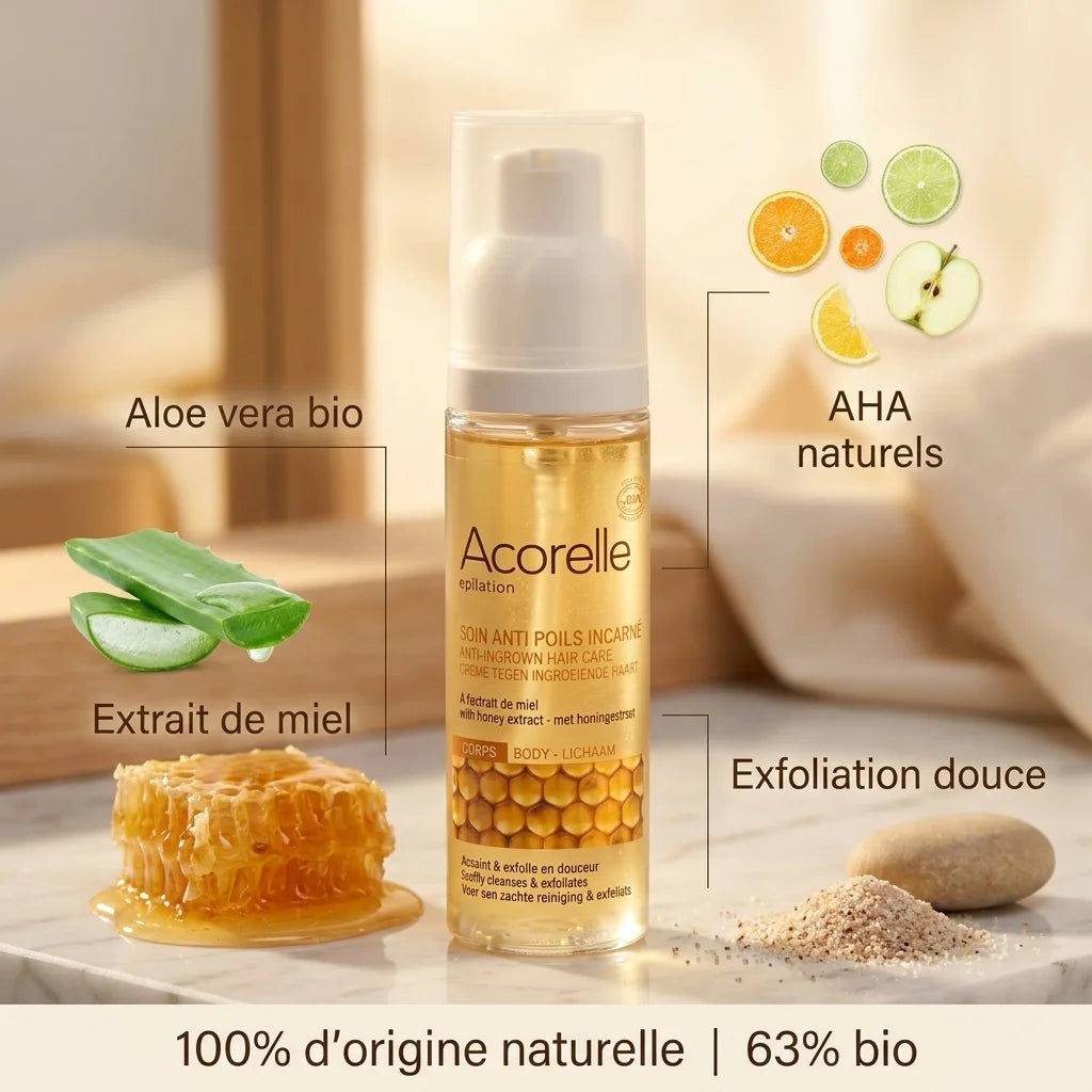 Soin anti poils incarnés Acorelle bio avec ingrédients naturels: miel, aloe vera et AHA