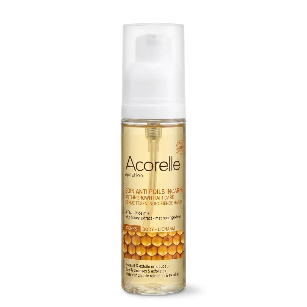Spray soin anti poils incarnés Acorelle bio 50ml sur fond blanc