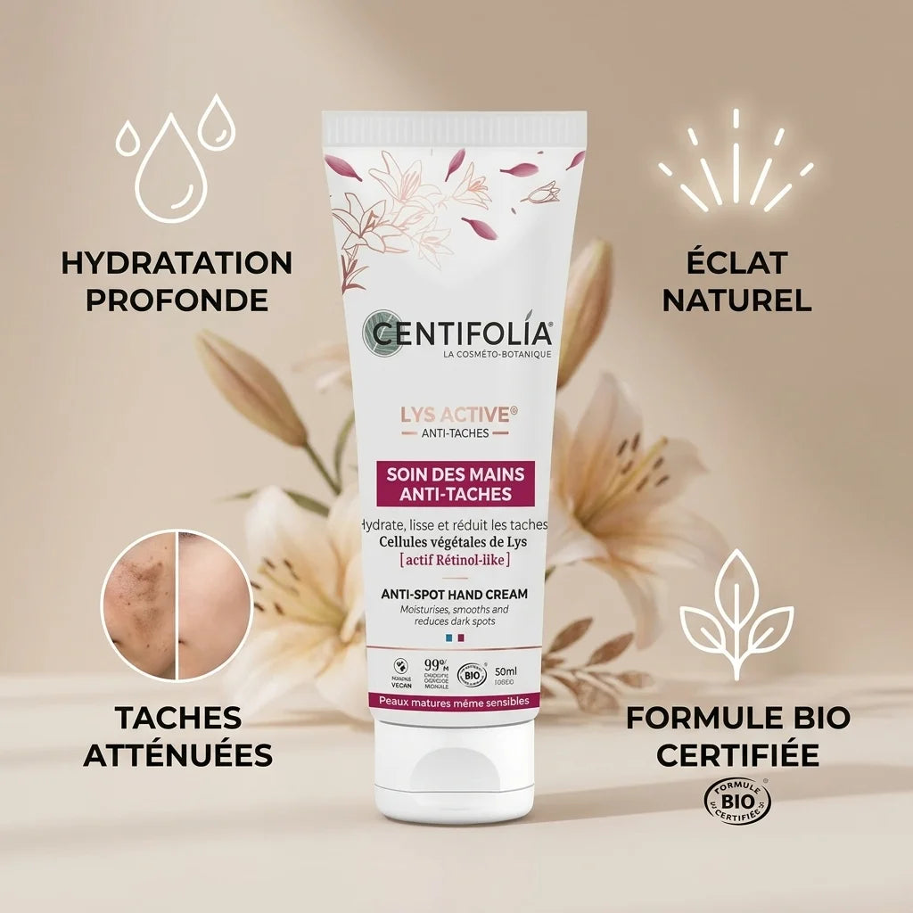 Crème mains anti-taches Centifolia bio avec infographie des bénéfices hydratation et éclat naturel