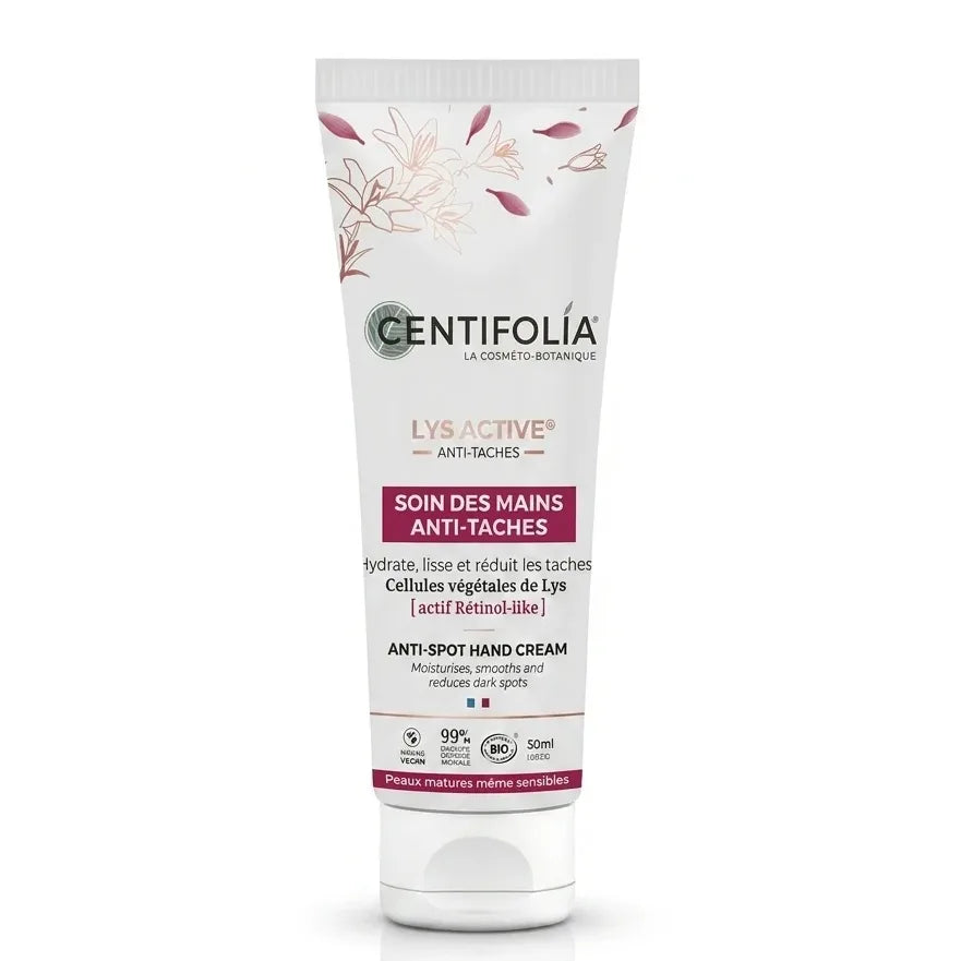 Crème anti-taches mains Centifolia Lys Active bio 50ml, tube sur fond blanc