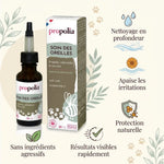Flacon spray soin oreilles Propolis Calendula Tea Tree Propolia avec infographie bénéfices produit