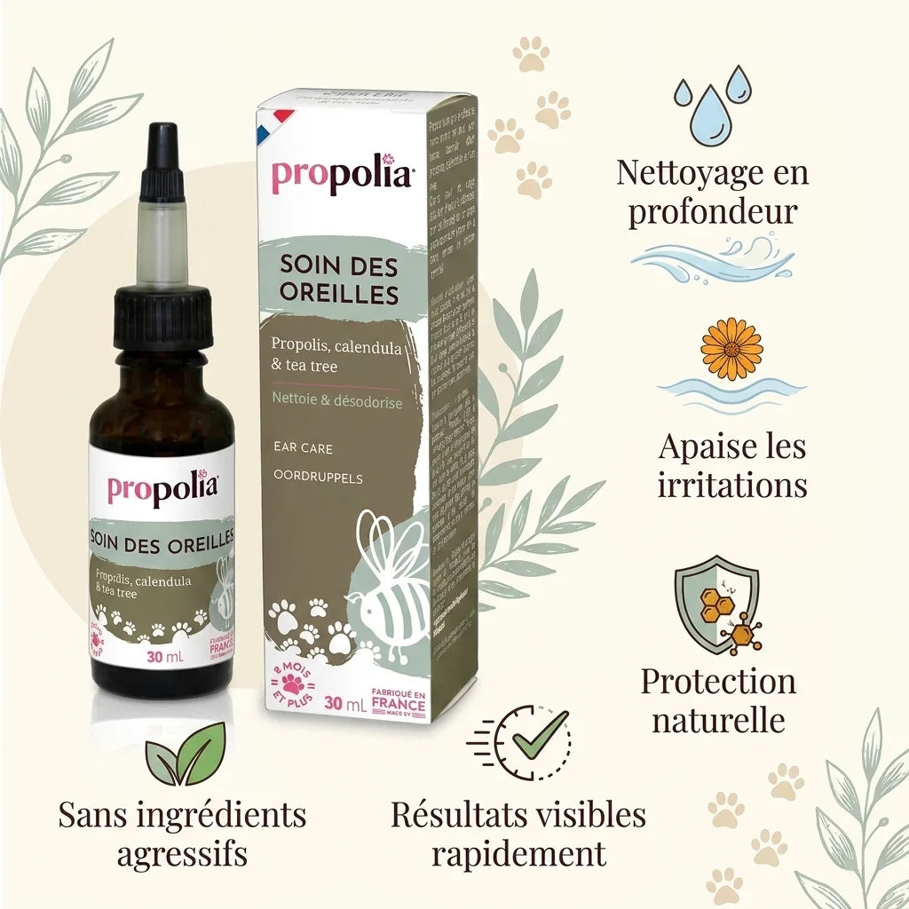 Flacon spray soin oreilles Propolis Calendula Tea Tree Propolia avec infographie bénéfices produit