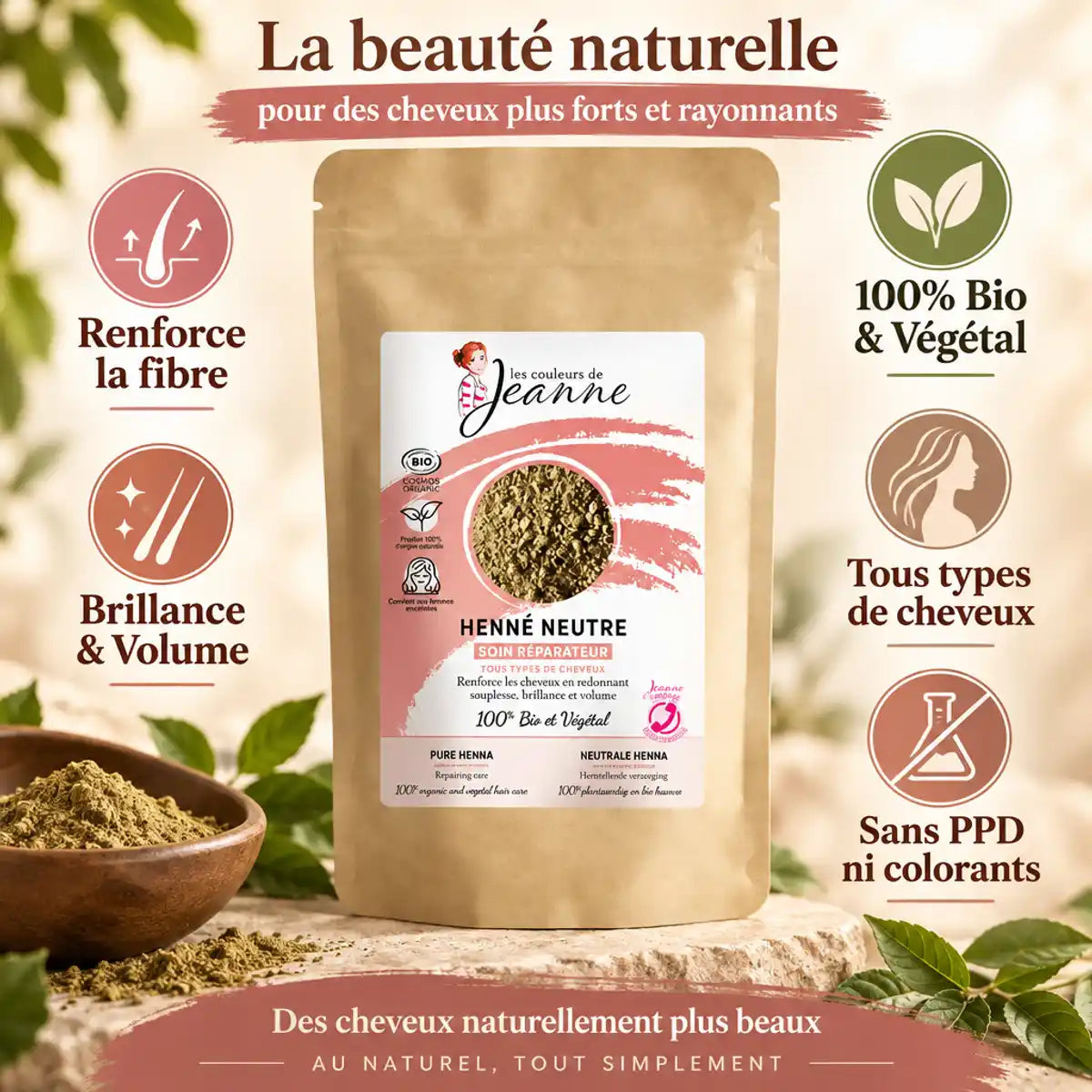 Henné neutre réparateur bio 100g Couleurs de Jeanne avec bénéfices cheveux brillance et volume