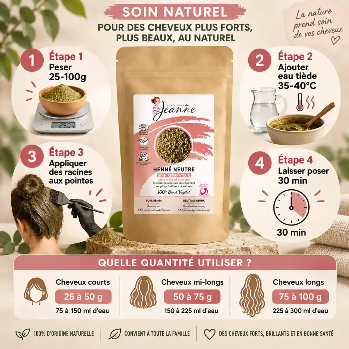 Soin Henné neutre réparateur bio Couleurs de Jeanne avec guide d'application étapes et dosage cheveux