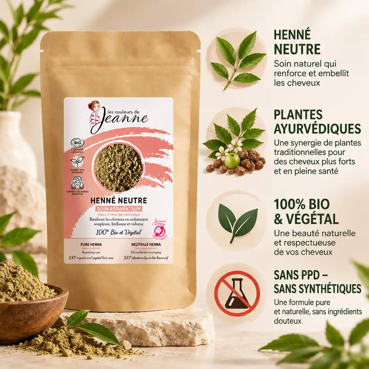 Henné neutre réparateur bio Couleurs de Jeanne 100g avec ingrédients ayurvédiques certifiés