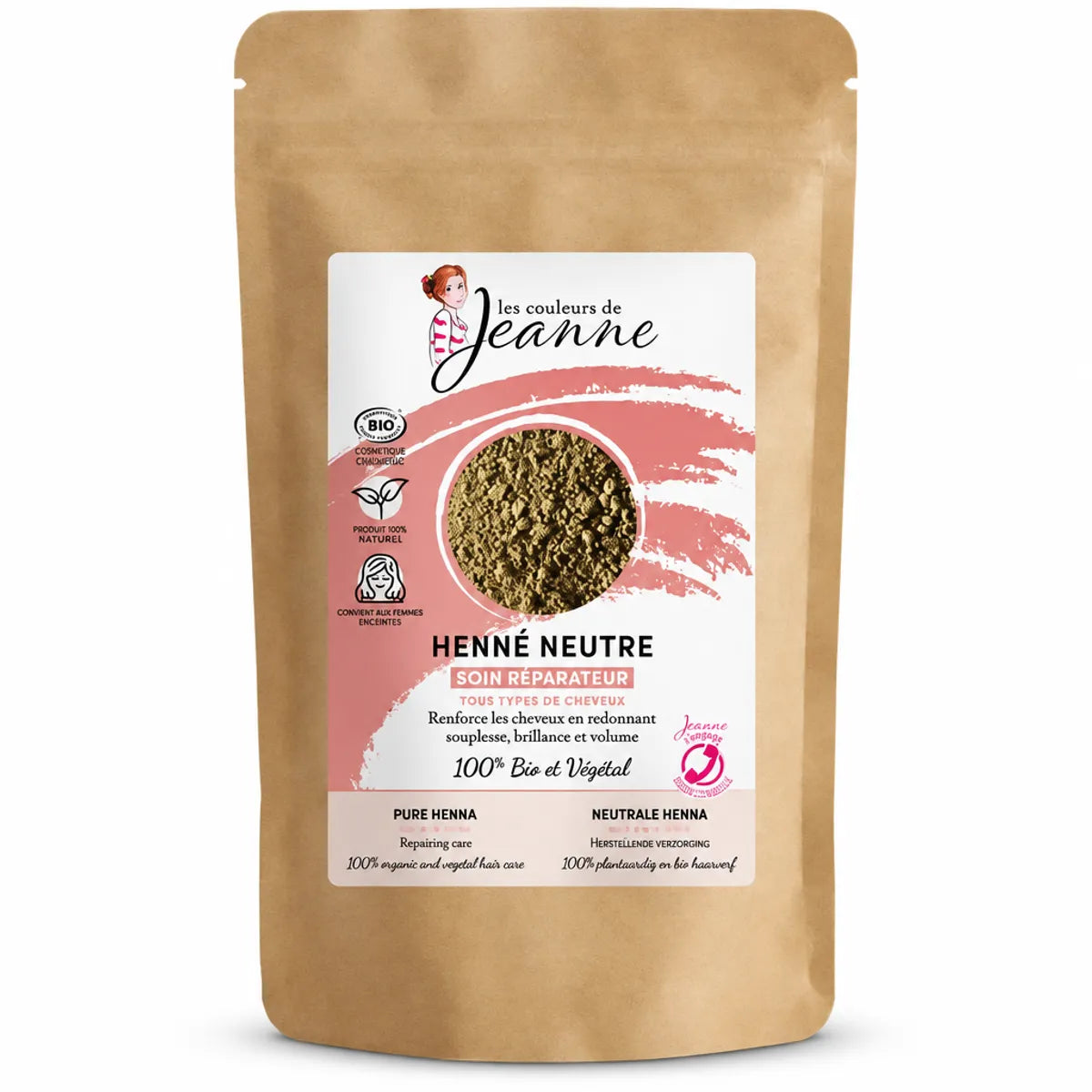 Henné neutre réparateur bio Couleurs de Jeanne 100g en sachet kraft avec certifications