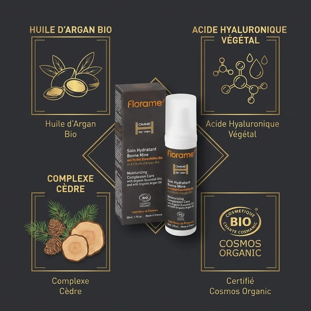 Soin Hydratant Bonne Mine Homme Florame avec ingrédients bio argan et acide hyaluronique