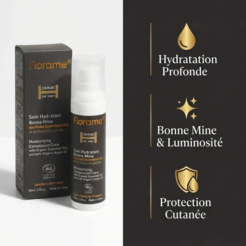 Soin Hydratant Bonne Mine Homme Florame - coffret avec flacon pump et boîte noire