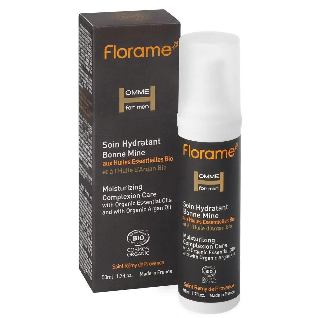 Soin hydratant bonne mine Florame homme - packaging noir et flacon blanc