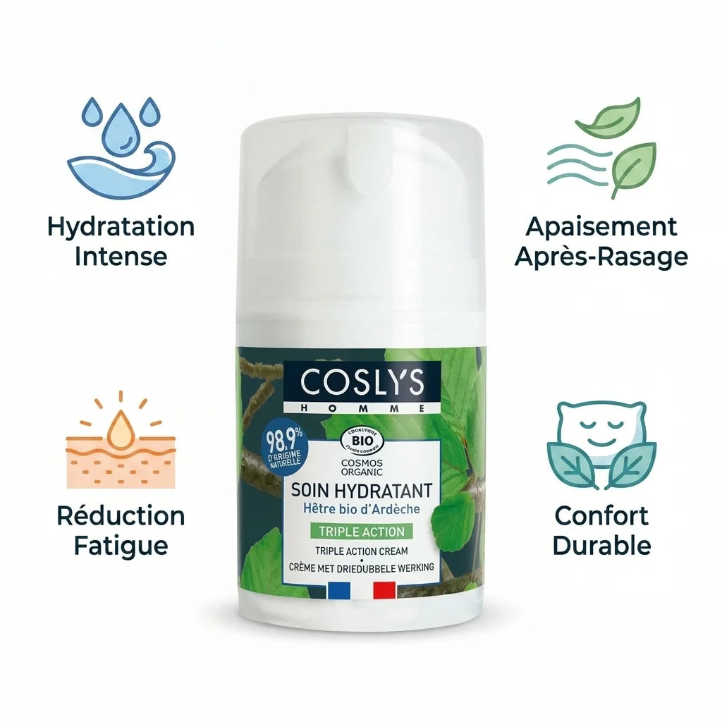 Crème hydratante Coslys Bio avec icônes bénéfices : hydratation, apaisement, confort et réduction fatigue