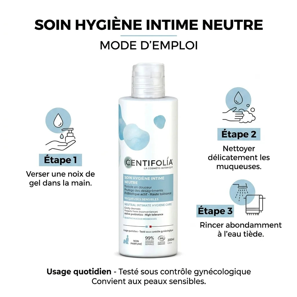 Soin hygiène intime neutre Centifolia bio avec guide d'utilisation étapes