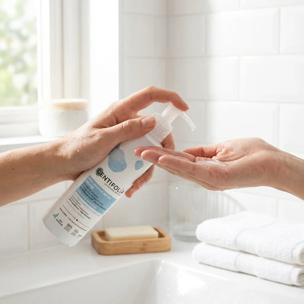 Centifolia soin hygiène intime bio neutre en application dans une routine beauté matinale