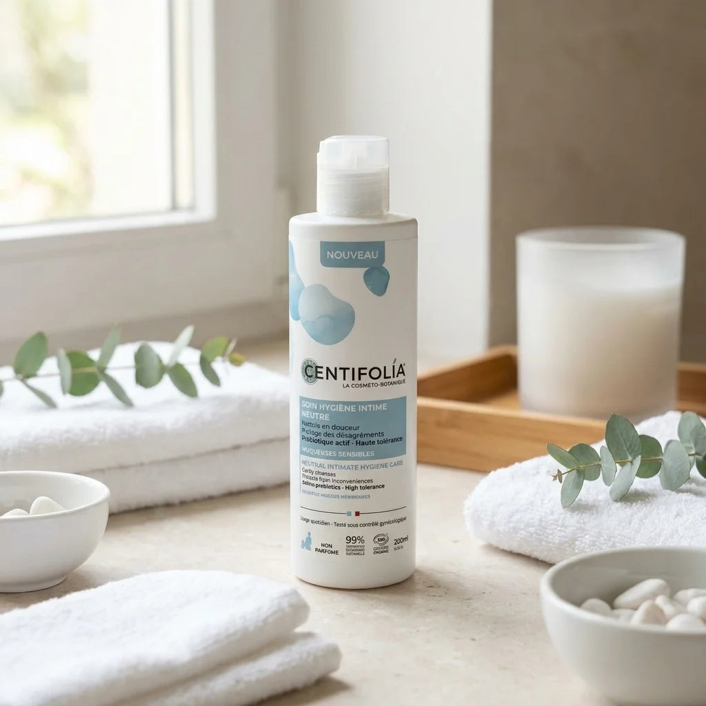 Produit soin hygiène intime bio Centifolia neutre dans salle de bain spa minimaliste