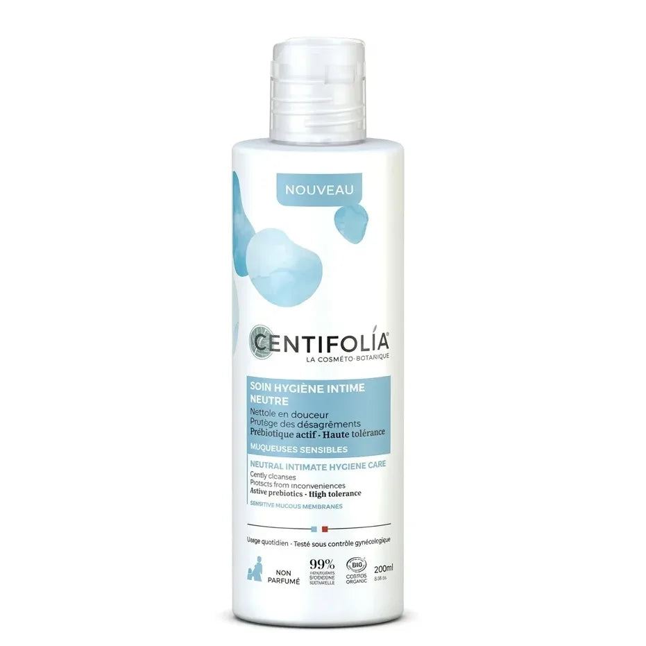 Bouteille Centifolia soin hygiène intime bio certifié, fond blanc