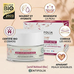 Soin jour bio Centifolia avec bénéfices : nourrit, redensifie, corrige les rides, peaux sensibles