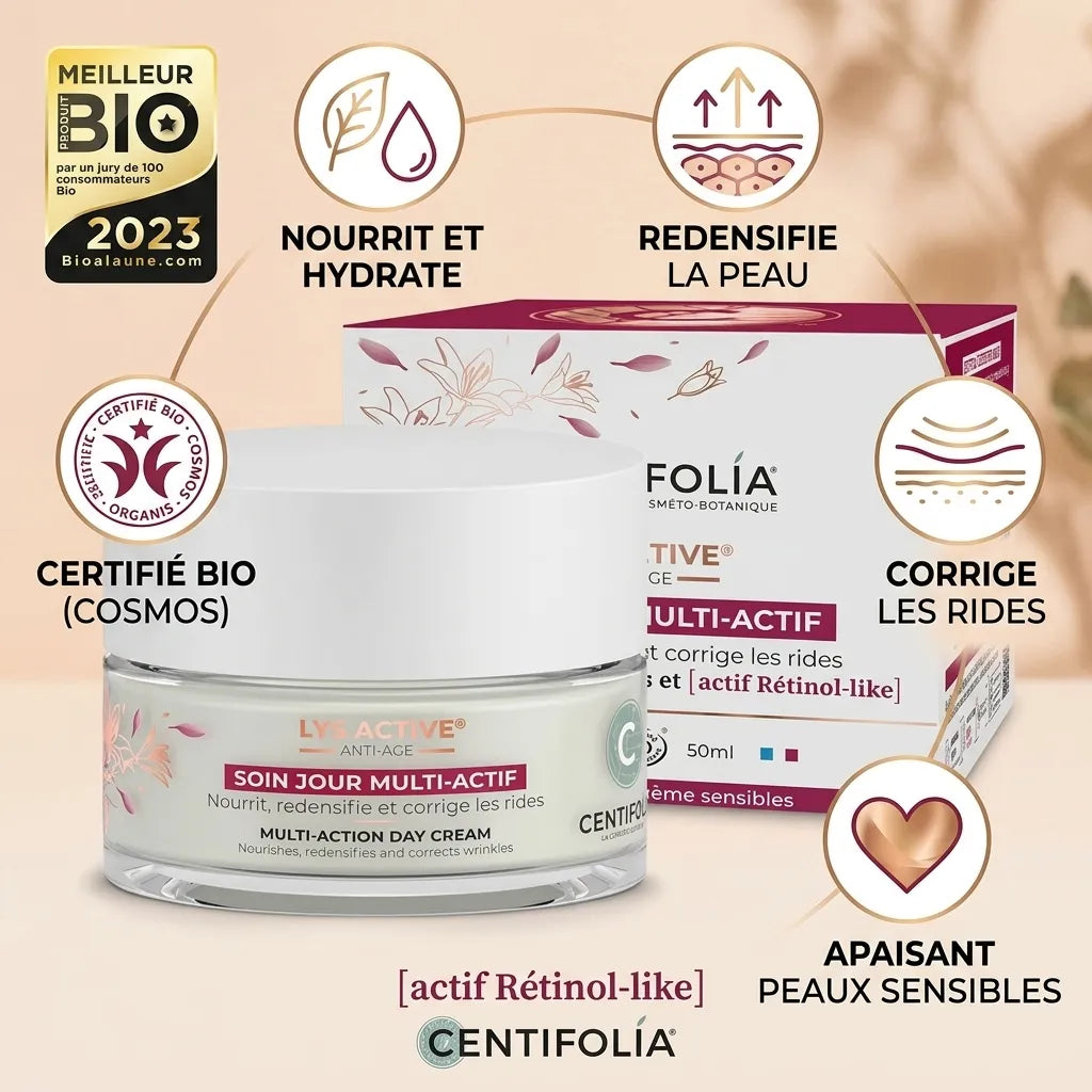 Soin jour bio Centifolia avec bénéfices : nourrit, redensifie, corrige les rides, peaux sensibles