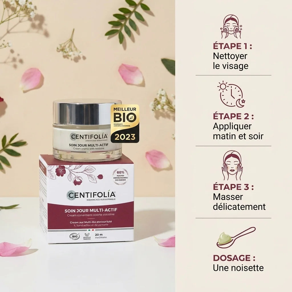 Centifolia soin jour multi-actif bio avec mode d'emploi et étapes d'application visage