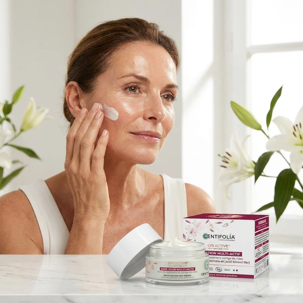 Crème jour bio Centifolia Lys Active appliquée sur peau mature rayonnante