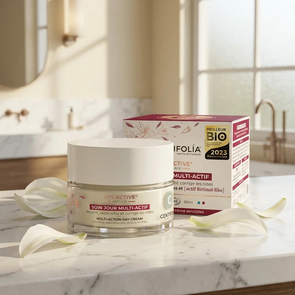 Soin jour multi-actif Centifolia certifié bio sur marbre avec pétales de lys blancs