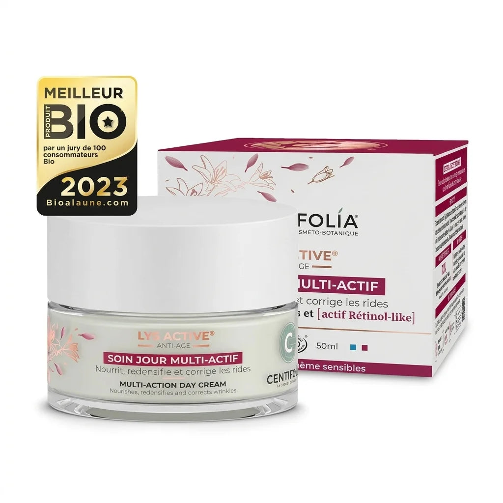 Soin jour multi-actif Centifolia Lys Active® en pot verre avec couvercle bordeaux, produit bio