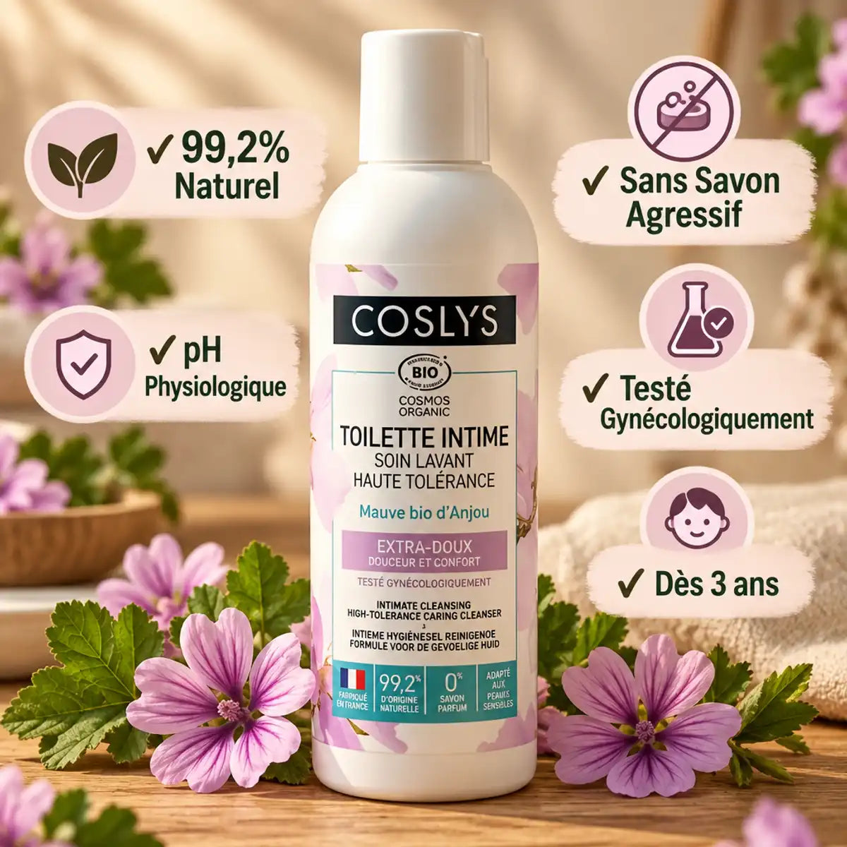 Soin intime Coslys bio 100ml avec fleurs de mauve, pH physiologique et formule sans savon agressif