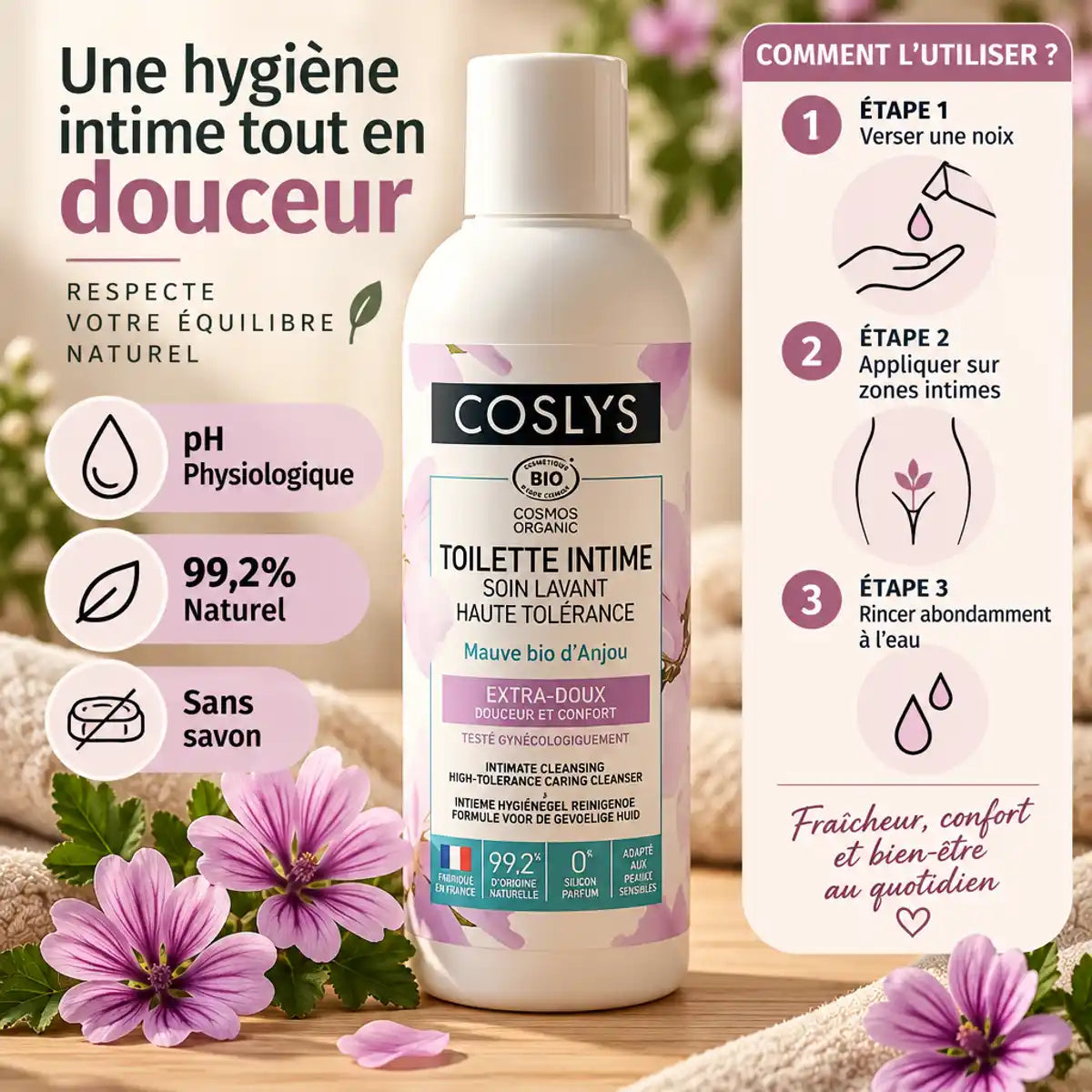 Soin toilette intime Coslys bio avec guide d'utilisation et fleurs de mauve sur bois clair