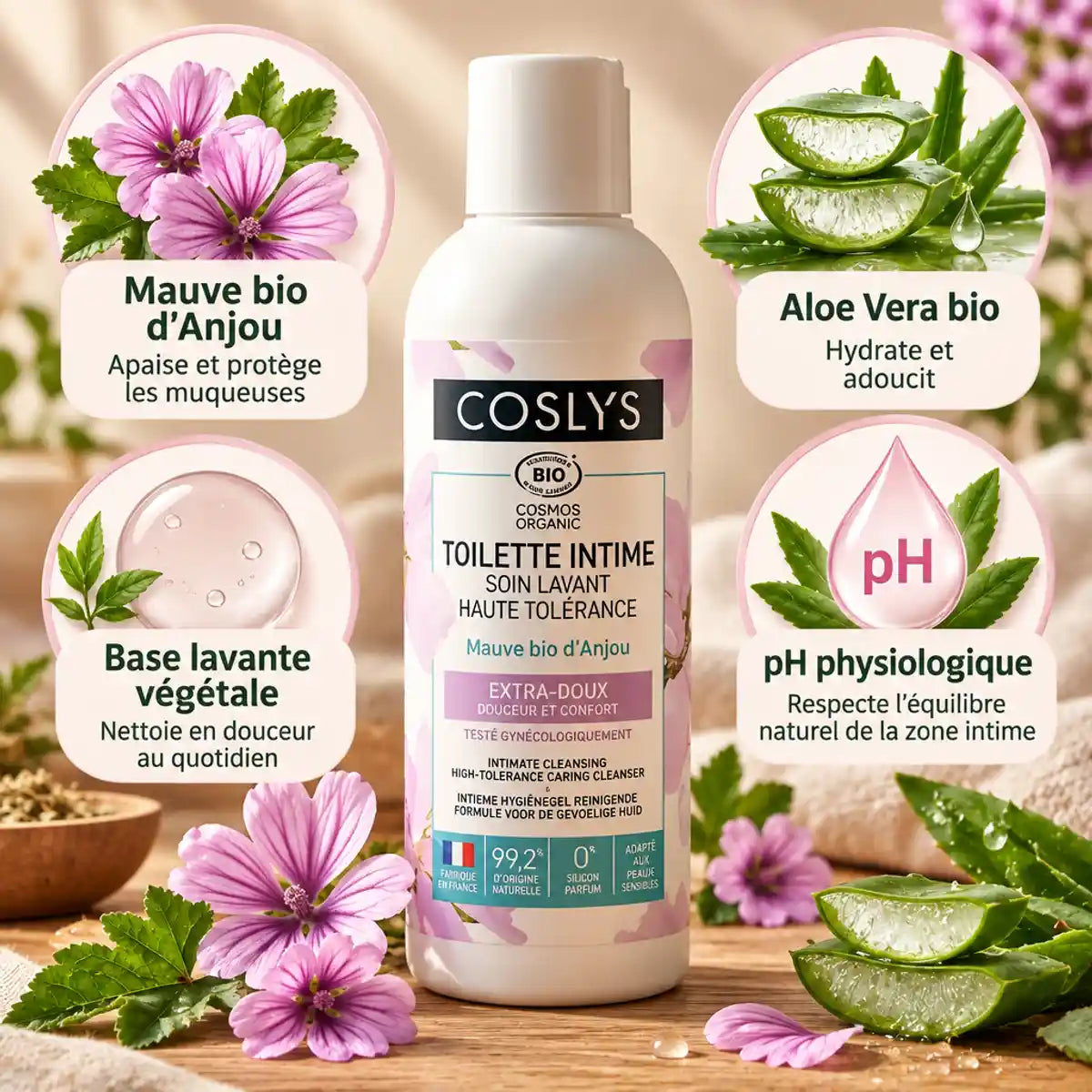 Soin lavant intime bio Coslys 100ml avec ingrédients naturels : mauve, aloe vera et base végétale