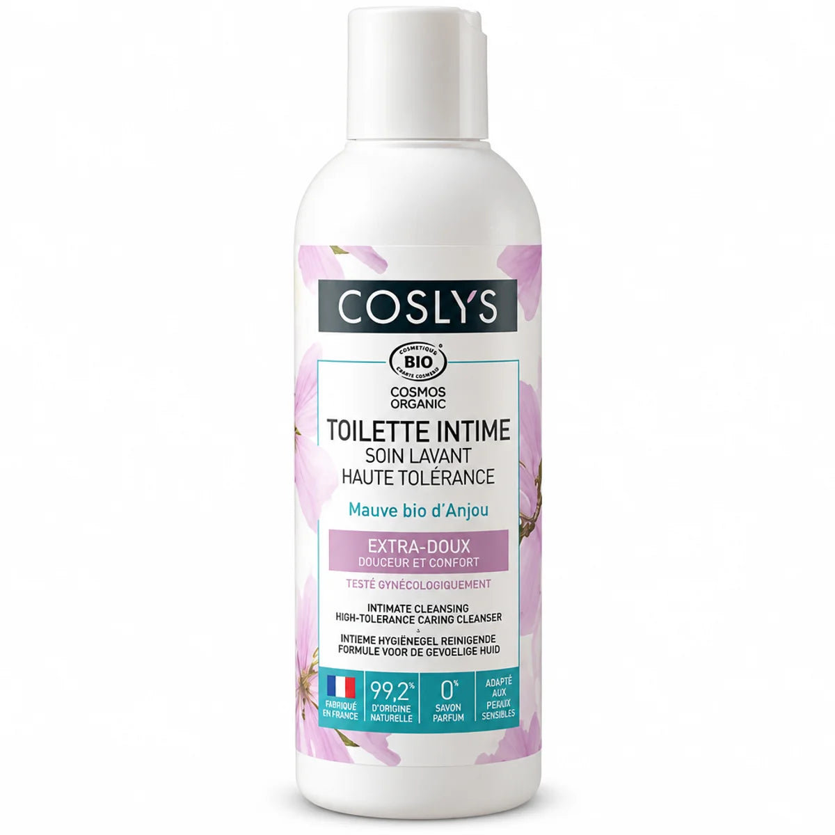 Flacon Coslys soin lavant toilette intime bio 100ml sur fond blanc