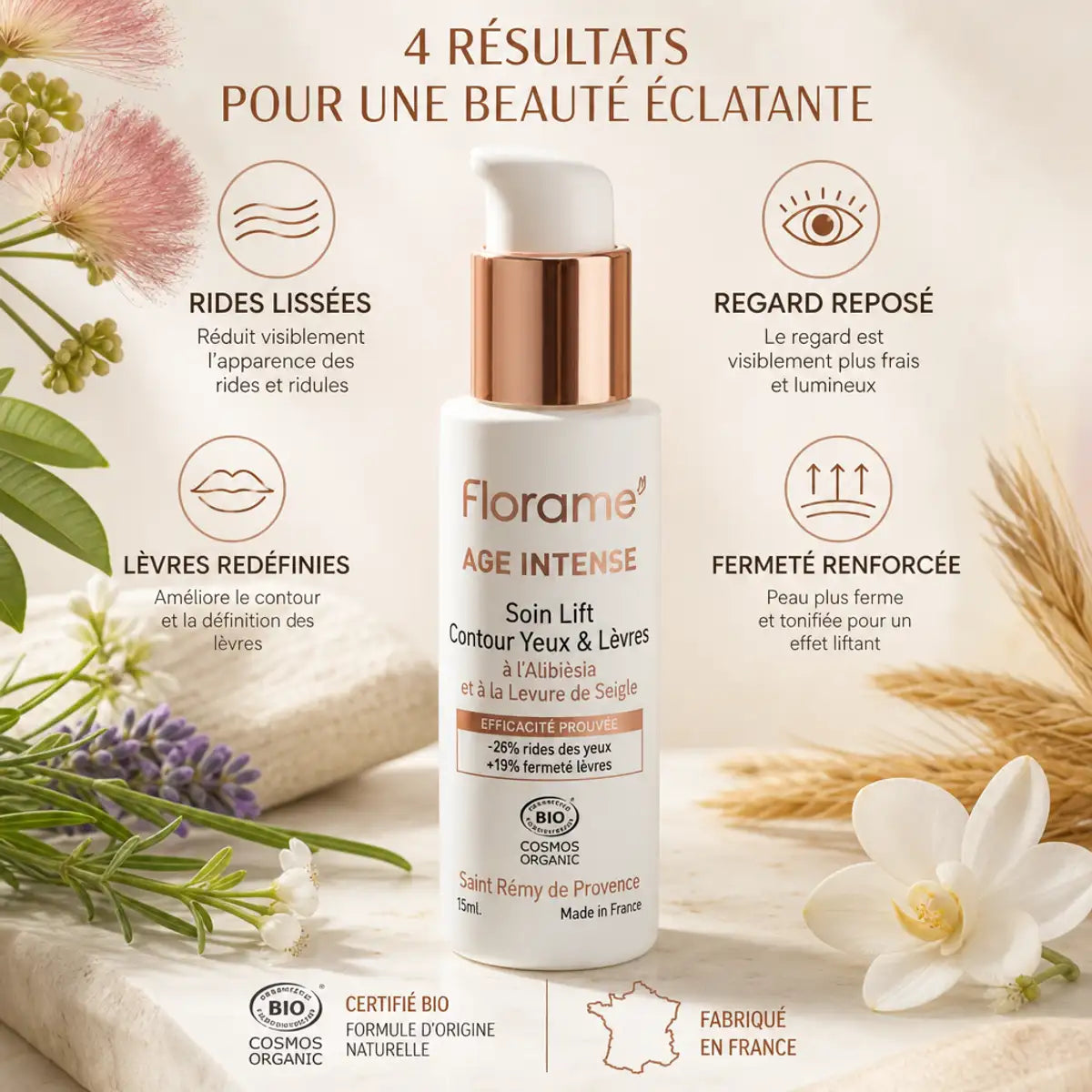 Florame Soin Lift Contour Yeux & Lèvres bio avec bénéfices : rides lissées, regard reposé, lèvres redéfinies