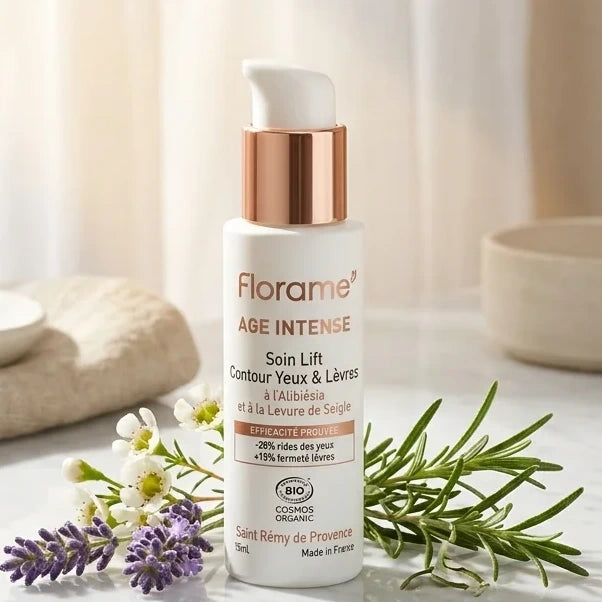 Soin Lift Contour Yeux & Lèvres Florame bio sur marbre avec botaniques provençales