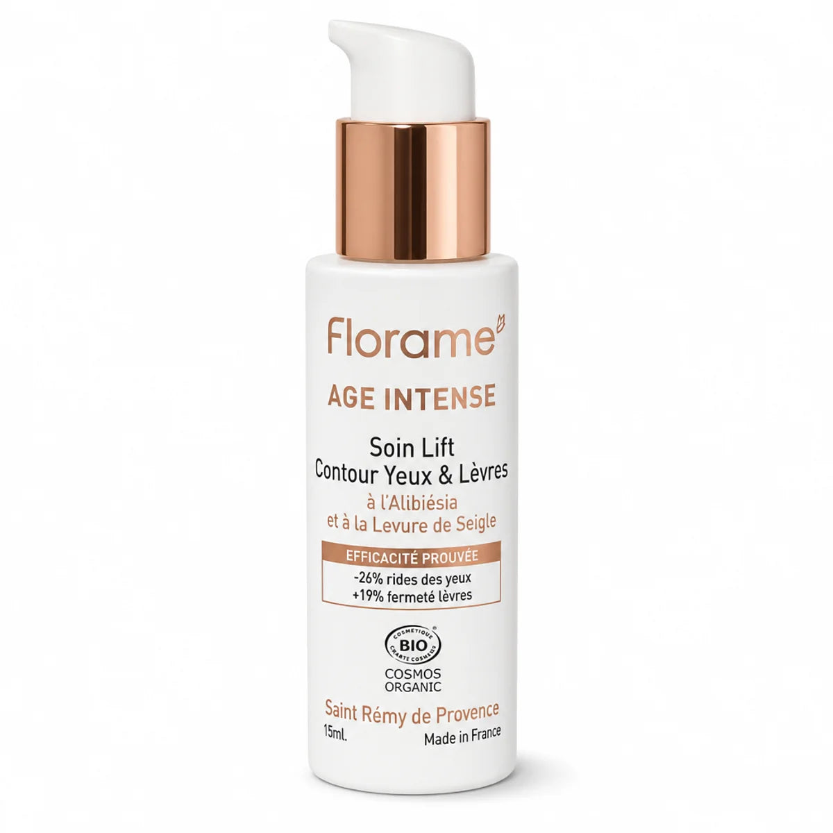 Soin Lift Contour Yeux & Lèvres bio Florame - Flacon blanc avec pompe cuivrée
