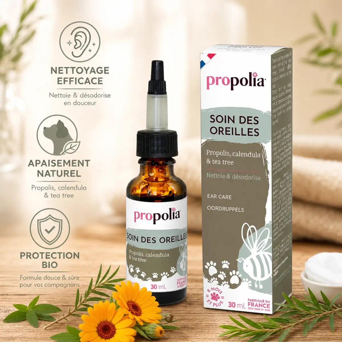 Propolia soin oreilles bio chien chat - flacon propolis avec bénéfices nettoyage apaisement protection