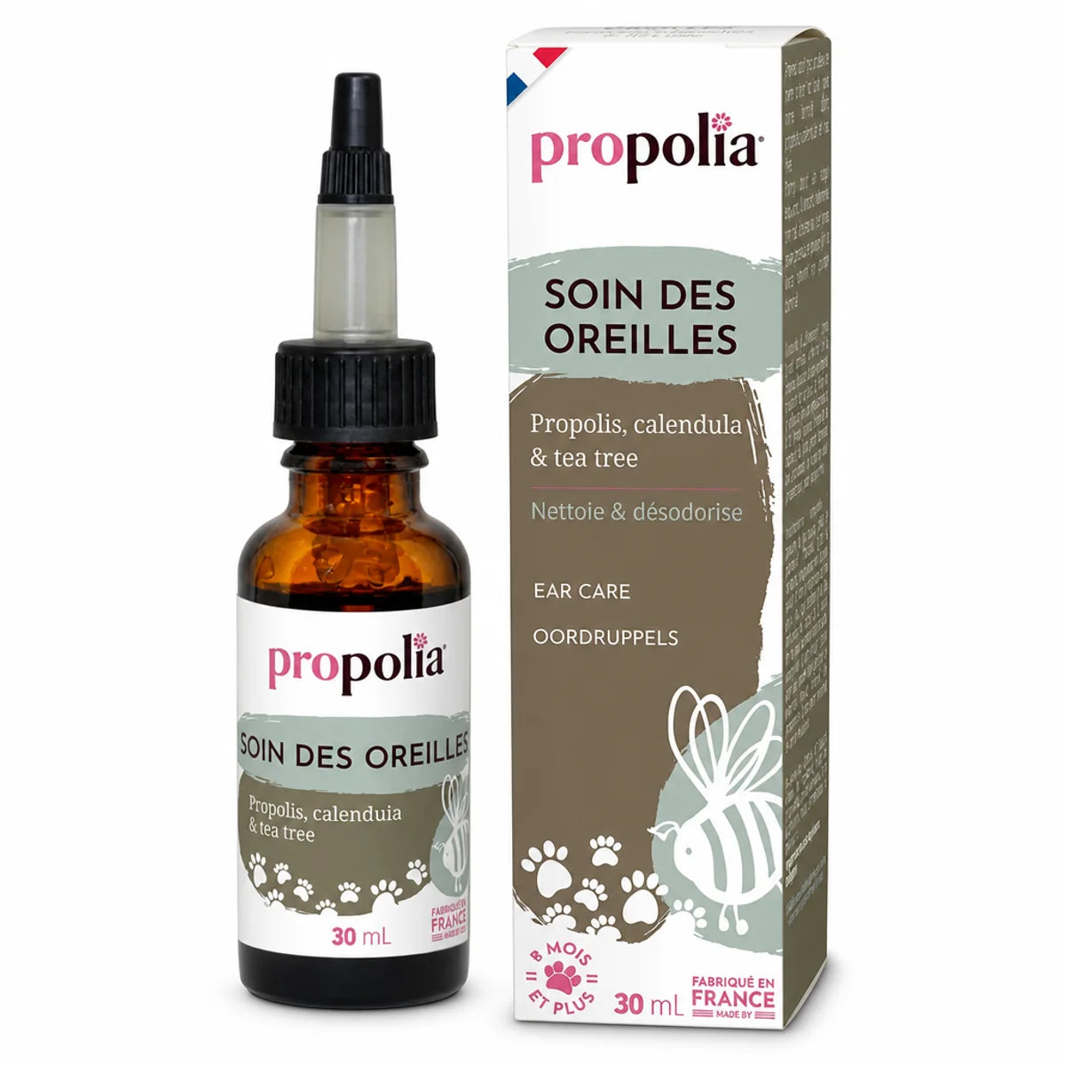 Flacon soin oreilles propolis bio pour chien et chat Propolia packaging