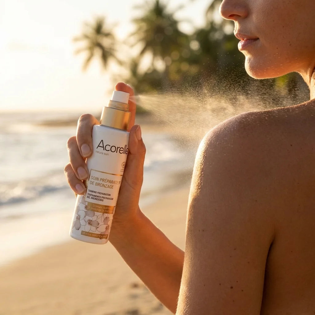 Spray bronzage bio Acorelle - Application sur peau au soleil, préparation peau bronzée