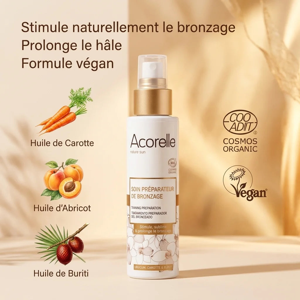 Soin réparateur de bronzage bio Acorelle avec huiles naturelles - flacon blanc certifié vegan