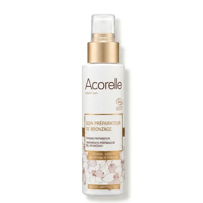 Spray soin réparateur bronzage bio Acorelle, flacon avec pompe dorée
