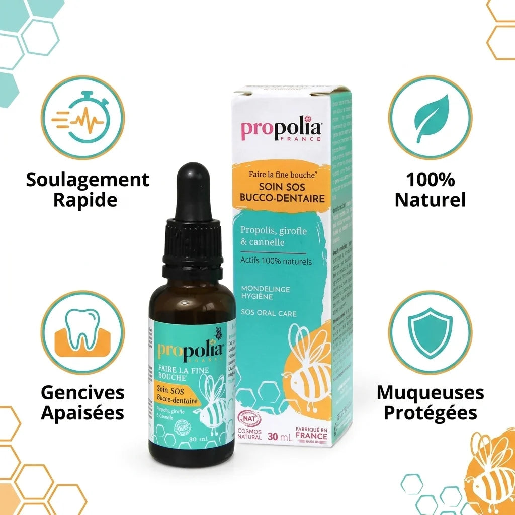 Soin bucco-dentaire Propolis Propolia avec icônes bénéfices naturels sur fond blanc