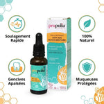Soin bucco-dentaire Propolis Propolia avec icônes bénéfices naturels sur fond blanc
