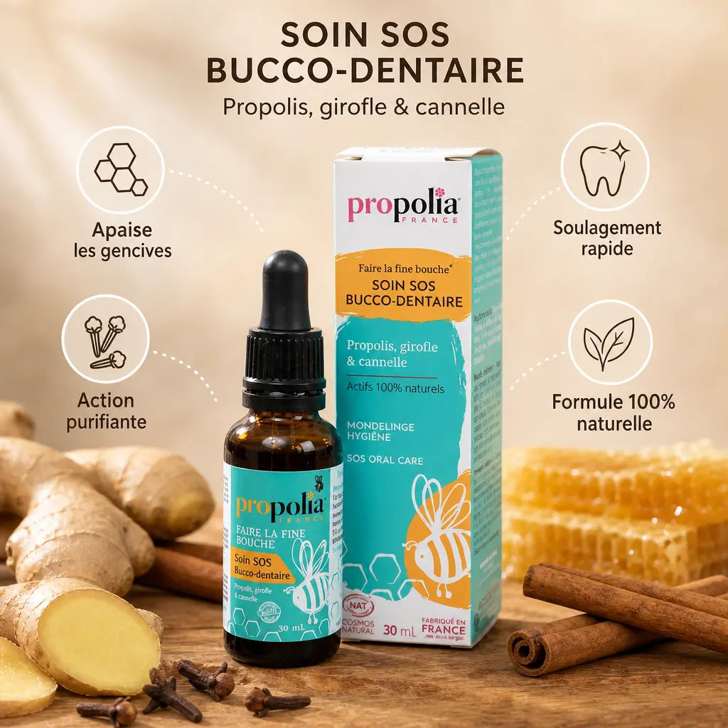 Soin bucco-dentaire Propolis Miel Girofle avec infographies bénéfices et ingrédients naturels