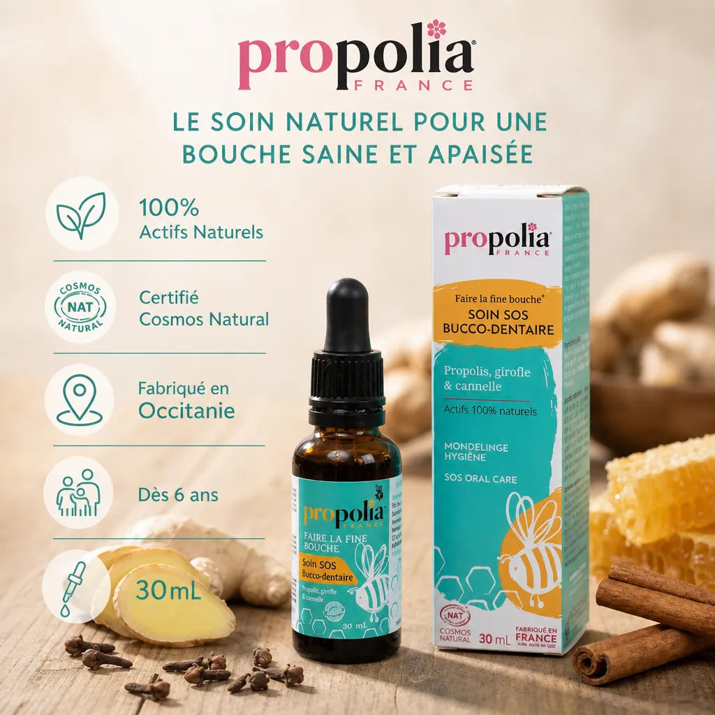 Soin bucco-dentaire Propolis Propolia avec ingrédients naturels et certifications, flacon 30mL