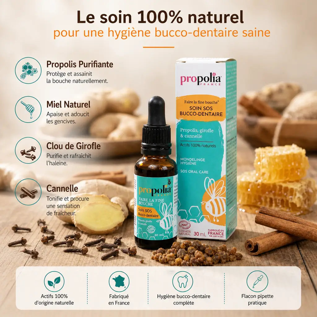 Soin bucco-dentaire Propolia Propolis Miel Girofle avec ingrédients naturels sur bois